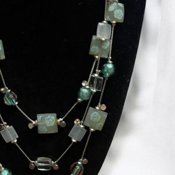 Multi-Strand Layered Silver Tone/Sea Foam Green Glass Beaded Necklace - Picture 3 of 4